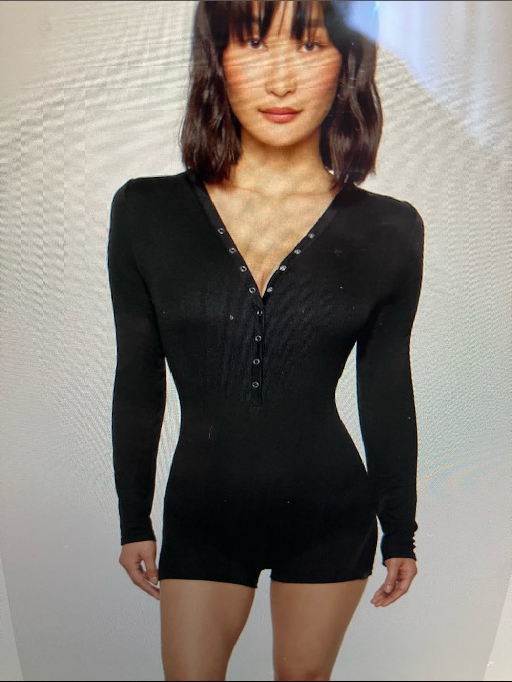 Soft Rib Black Long-Sleeve Henley Romper